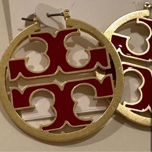 Tory Burch Red Enamel and Gold Miller Logo Earrings NWT - Picture 3 of 5